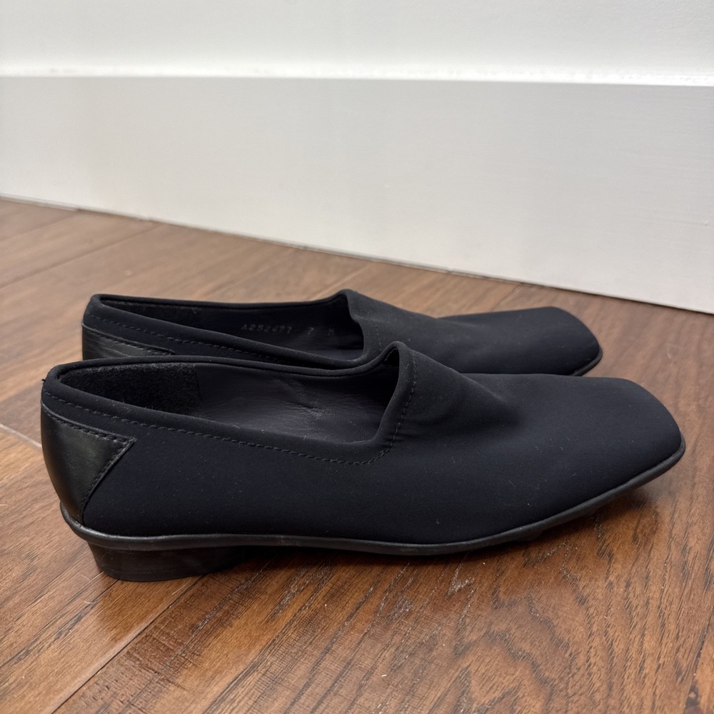 Stuart Weitzman Slip‎ On Square Toe Fabric Loafers Womens 7 Black Leather Spain